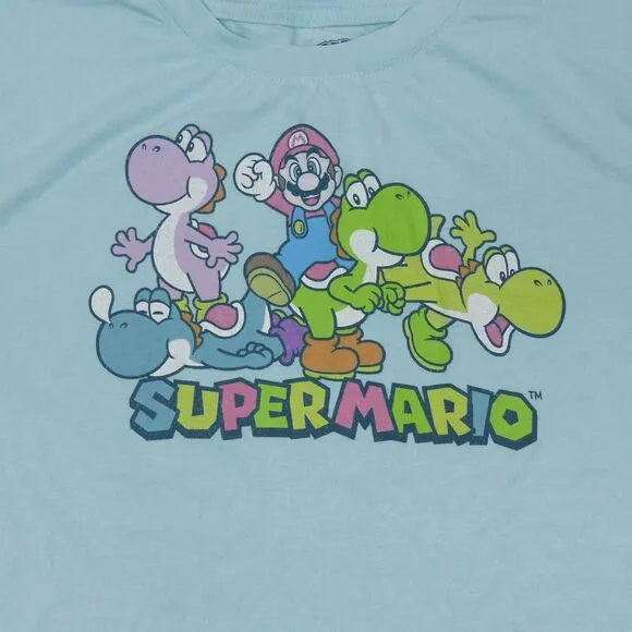 Nintendo Super Mario T-Shirt Womens M Baby Blue Mario Yoshi Graphic Logo Kidcore - Image 2