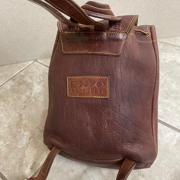 Roots x Enzo Angiolini VTG Leather Brown Buckle Drawstring Flap Backpack Purse‎ - Image 3