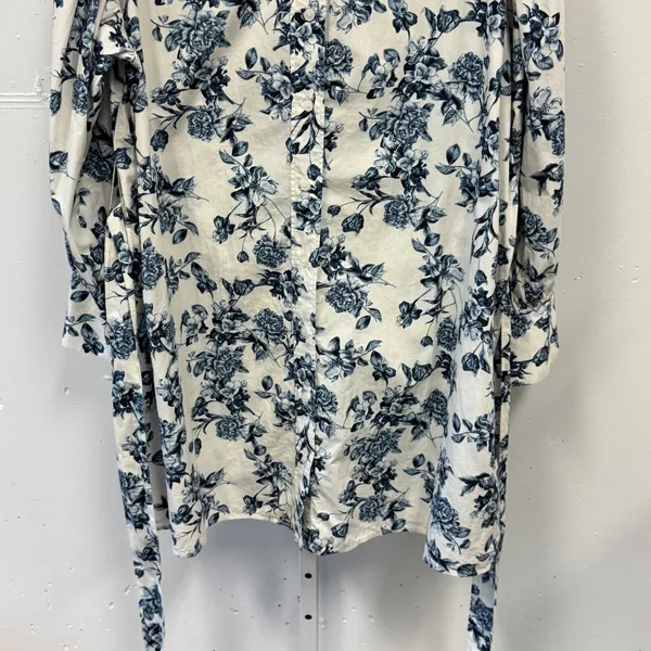 H&M Floral Cotton Shirt Tunic Dress XL Button Down Long Sleeve Belted Blue White - Image 5