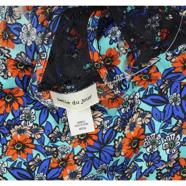 NWT Belle Du Jour Printed Lace Hem Tank Top Blouse With Scarf Blue / Multi M - Image 5