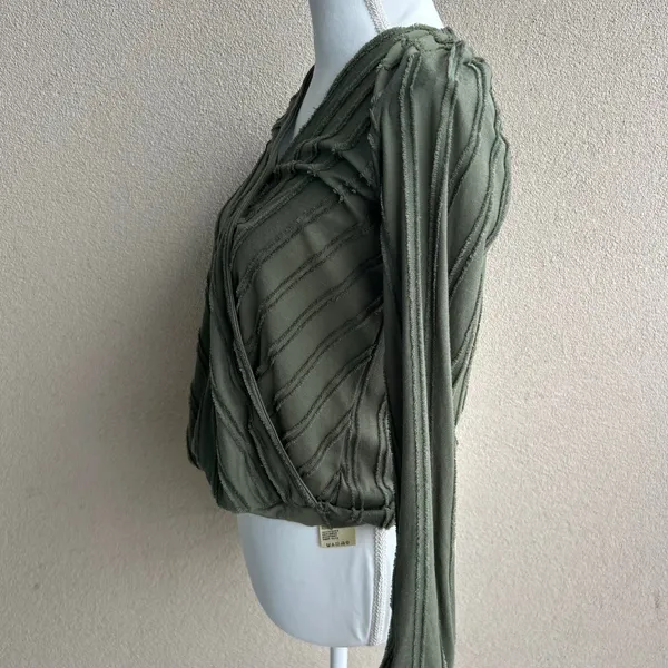 Maeve by Anthropologie Olive Green Striped V-Neck Blouse Longsleeve Size XS - Image 4