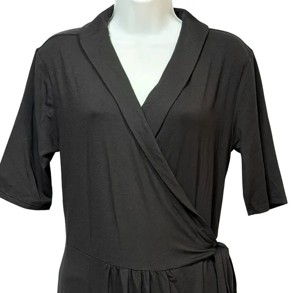 Quince Tencel Jersey Midi Wrap Dress Black Shawl Collar Short Sleeve L DKBIZ01 - Image 5