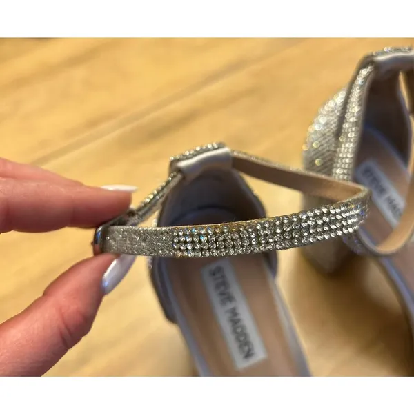 Steve Madden Franky Spark Silver Bedazzled Crystal Open Toe Strap Heels Size 9.5 - Image 4