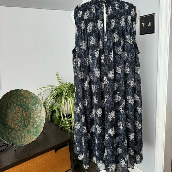 Joie Abstract Floral Smocked Peplum Dress Blue High Neck Sleeveless size XL‎ - Image 2
