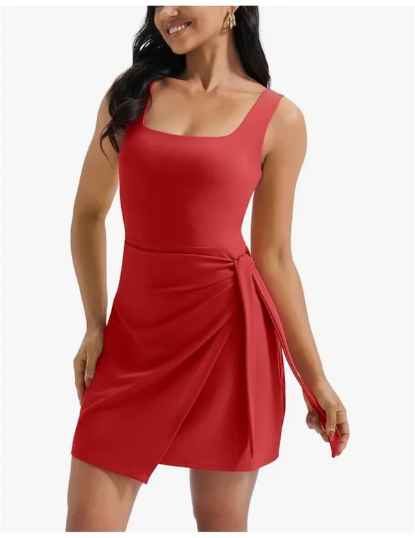 Large JOYSPELS (Amazon) Athletic Workout Wide U Neck Built-in Shorts Wrap Skort Dress - Image 3