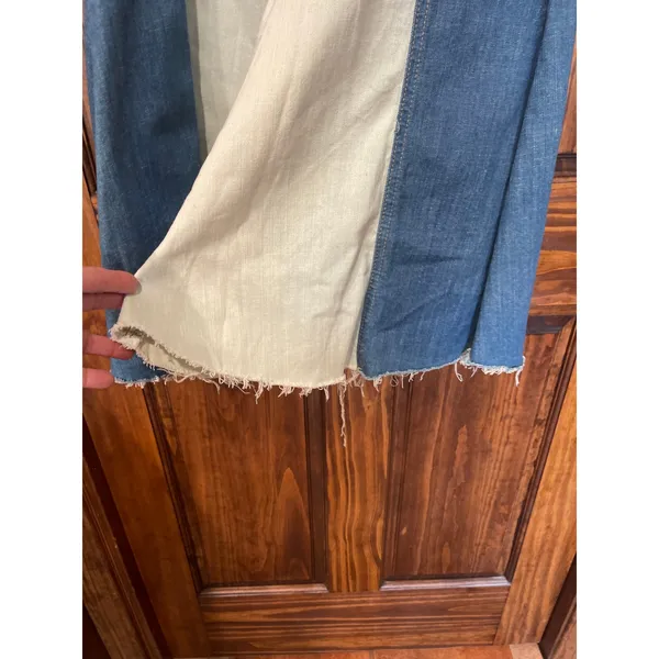 Two Tone Colorblock Flare Jeans Raw Hem Boho Medium - Image 2