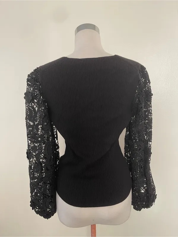 French Connection Black Ribbed Sweater Top with sheer embroidery sleeves - Image 3