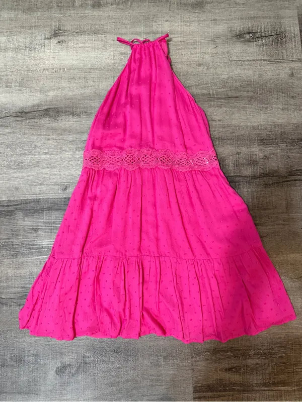 LULUS So Dainty Hot Pink Swiss Dot Halter Neck Lace Mini Dress - Image 4