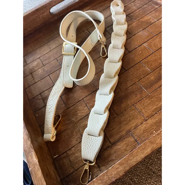 Cream Pebbled‎ Leather Handbag Straps Set Braided & Adjustable Gold Hardware - Image 6