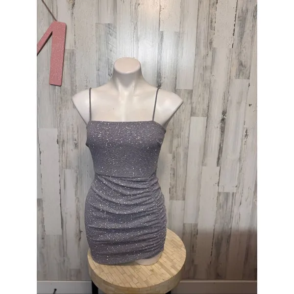 Windsor Glitter Mini Bodycon Dress Womens Medium Silver Grey Ruched Spaghetti St - Image 6