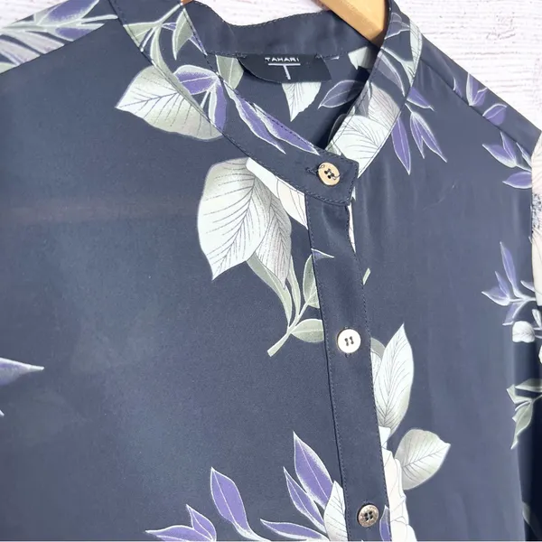 Tahari Black Floral Long High Low Shirttail Hem Button-Up Blouse Top Size Medium - Image 4