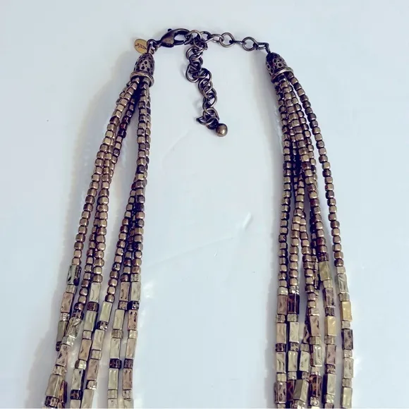Chico’s Multi-Strand Hammered Brass Bead Bib Necklace‎ - Image 3