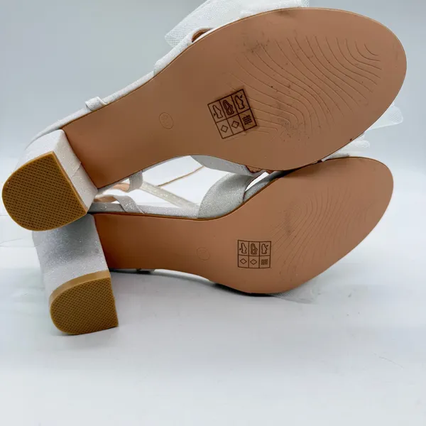 White Glitter Block Heel Sandals with Oversized Tulle Bow Ankle Strap Size 9.5 - Image 8