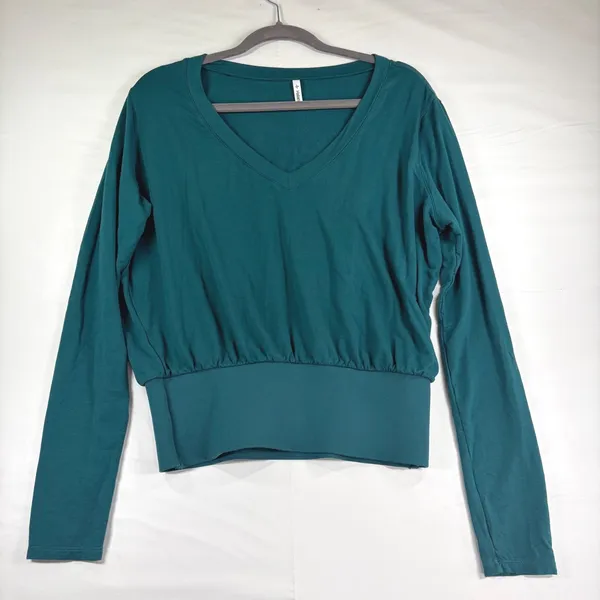 Halara Teal Green‎ V-Neck Long Sleeve Wide Waistband French Terry Top Size MED - Image 2