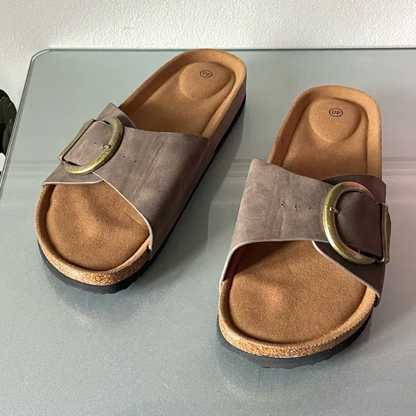 Taupe Buckle Slide Sandals Women’s EU 40 Faux Leather Comfort Casual Flat - Image 2