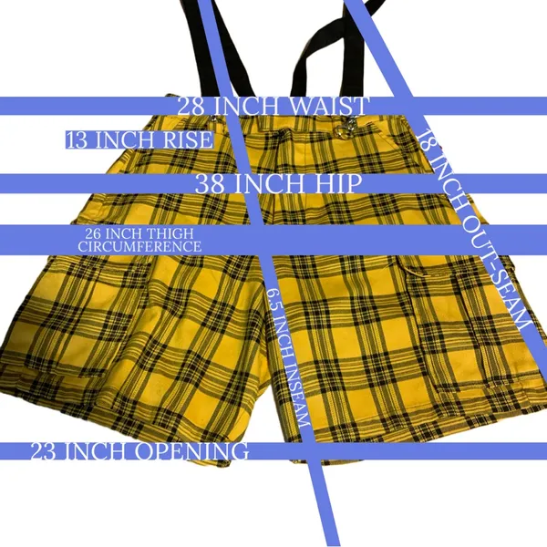 Hot Topic Yellow & Black Plaid Pleated Front Cargo Suspender Shorts (S) - Image 11
