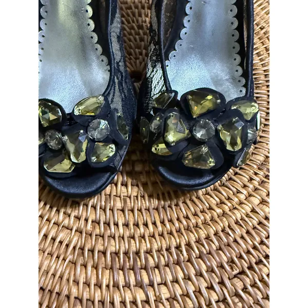 Lulu Townsend Womens Black‎ Lace Crystal Embellished Peep Toe pump size 8 - Image 10