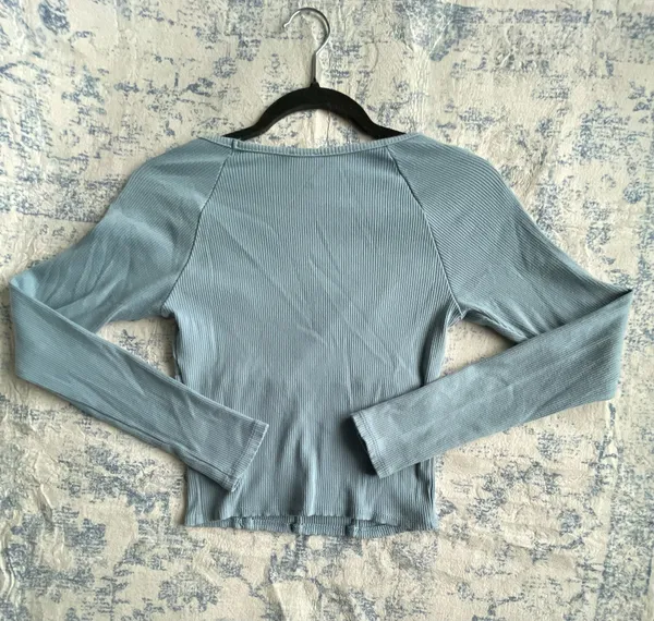 Francesca’s blue ribbed long sleeve top with corset style waist - Image 4