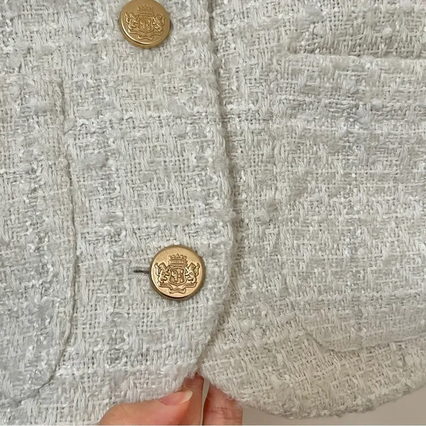 Abercrombie & Fitch Cream Short-Sleeve Cropped Tweed Blazer Jacket M - Image 5