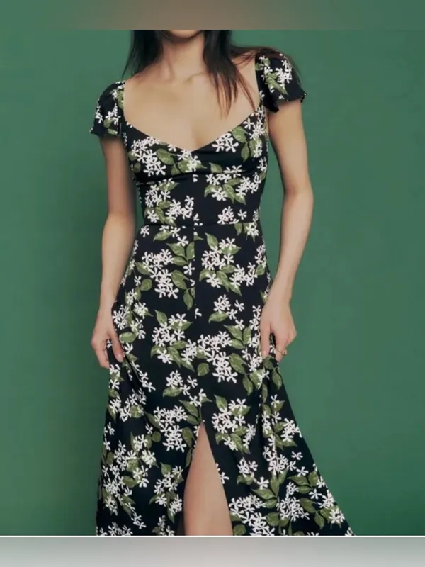 NWOT Reformation Baxley Black and Green Floral Print Midi Dress - Image 3