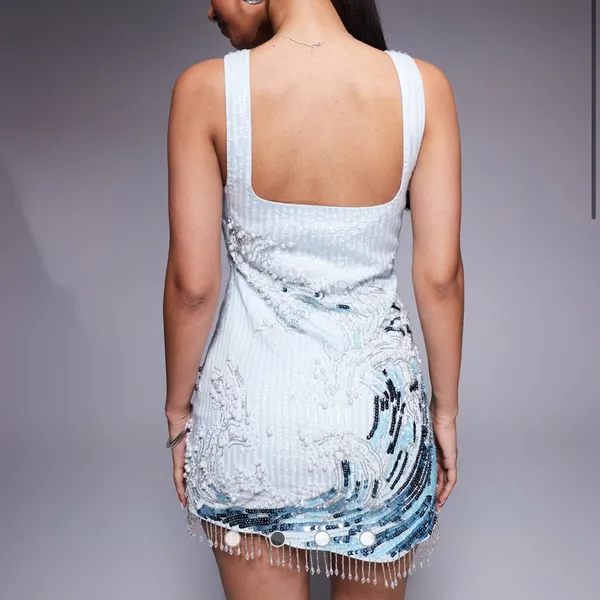ASOS DESIGN square neck embellished wave mini dress in blue - Image 3