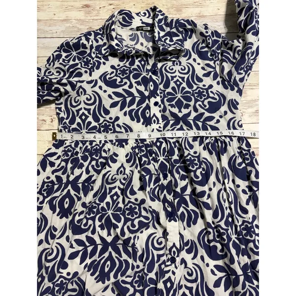 Zara Cotton Shirt Midi Dress Small Blue White Damask Floral Breezy Light - Image 6