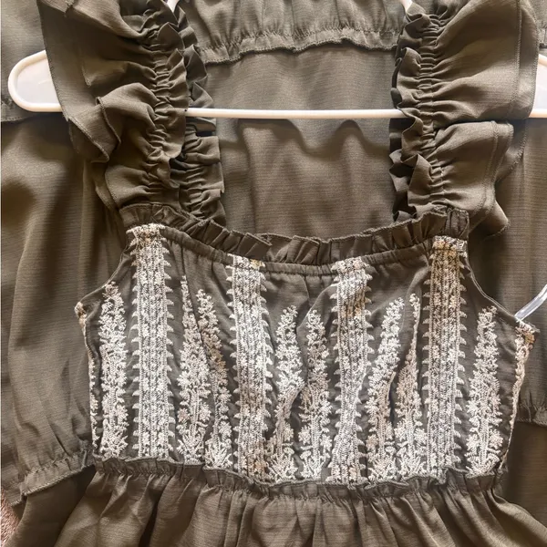 Boho Embroidered Ruffle Strap Tiered Maxi Dress Olive Brown Smocked Back Women - Image 6