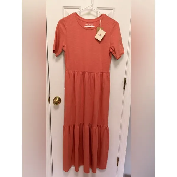 NWT Faherty Branson Dress Desert Sand Coral Tiered Midi Organic Cotton‎ XS - Image 2