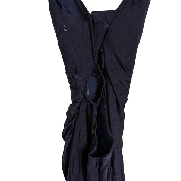La Femme Navy Ruched Jersey V-Neck Slit Formal Gown Dress Tie Up Back Size 0 - Image 7