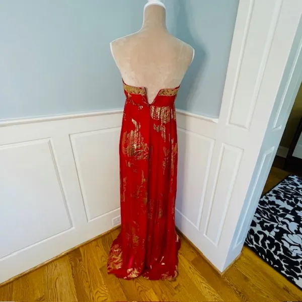 Aidan Mattox Beaded Silk Strapless Ball Gown Red & Gold Prom Party 4 - Image 6