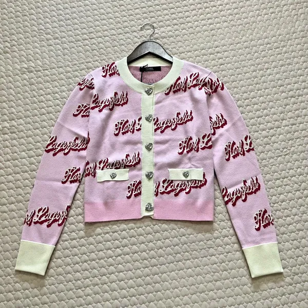 $399 NWT Karl Lagerfeld Pink Logo Cropped Cardigan Crystal Buttons Wool Blend - Image 2
