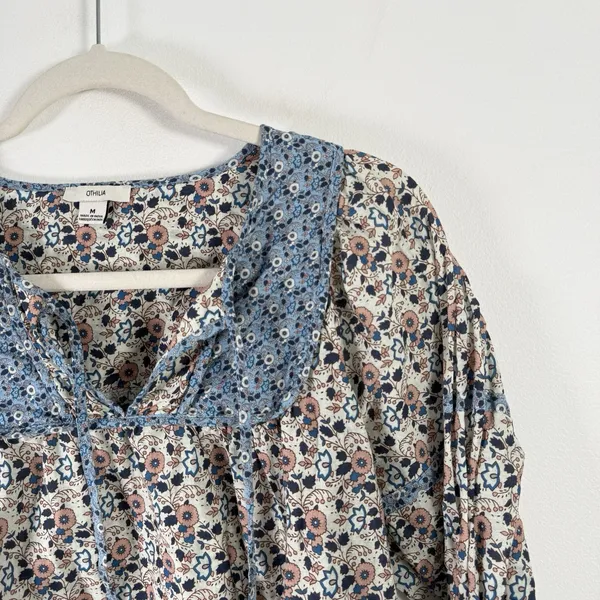 Othilia Anthro Laura Blue Floral Long Sleeve Peasant Blouse Boho Cottage Women M - Image 3