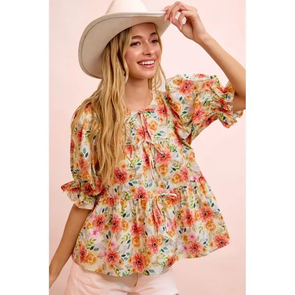 BiBi Flower‎ Printed Shirring Detail Blouse Top - Flower - Large - Image 4