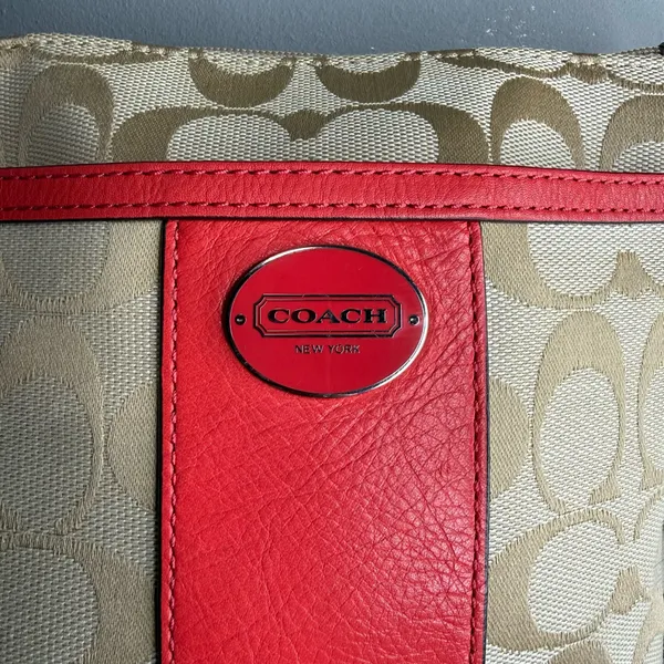 Coach Khaki Signature Canvas Crossbody with Red Leather Trim - Image 2