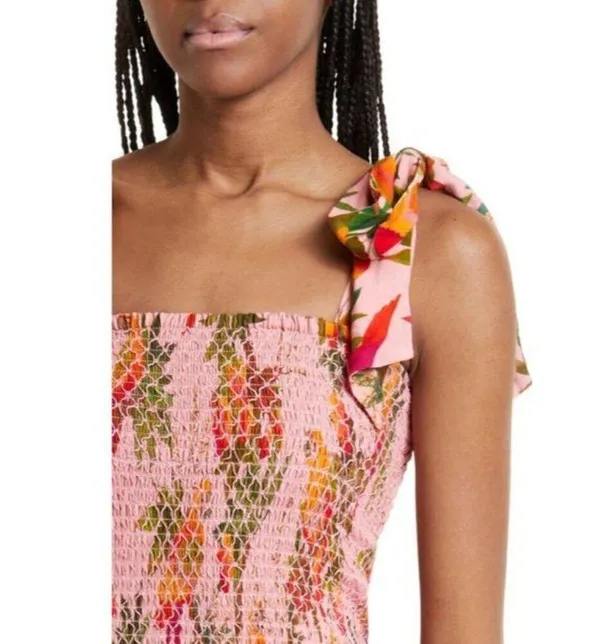 FARM RIO Mango Trees Smocked Bodice Midi Dress in Mango Trees Pink Size Small - Image 5