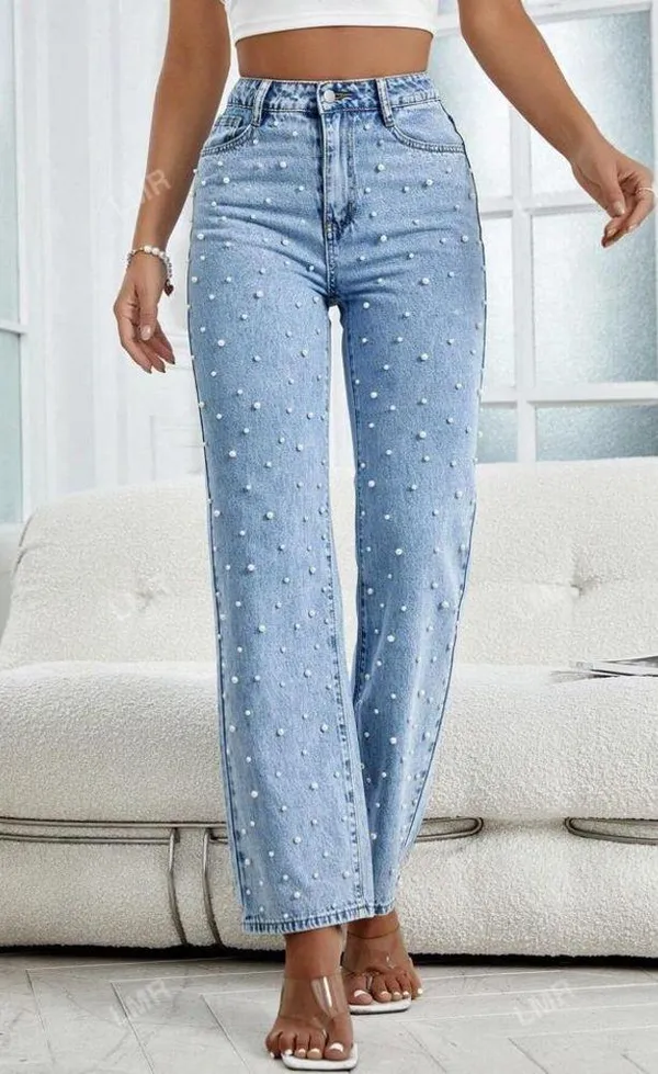 Women's Light Blue Pearl Beaded Slightly Flare Jeans - Image 9