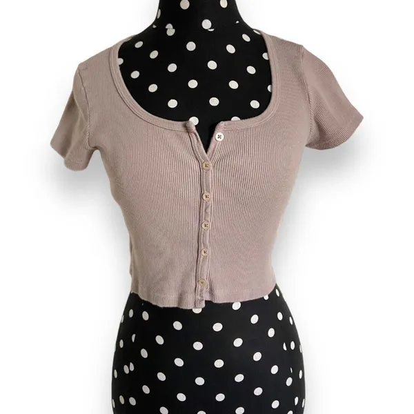 Brandy Melville John Galt Womens Top‎ Taupe Ribbed Button Up Zelly Y2K Cropped - Image 3