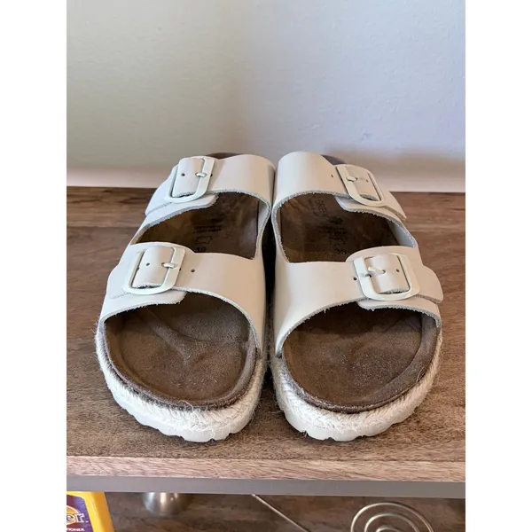 Bio Green Spain Ivory White Leather‎ Double Strap Buckle Slide Sandals 39 | 8 - Image 12