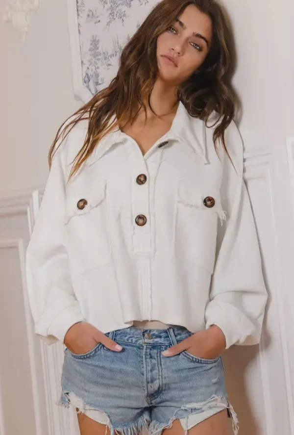 Boutique Premium French Terry Button Up Cropped Top - Image 2
