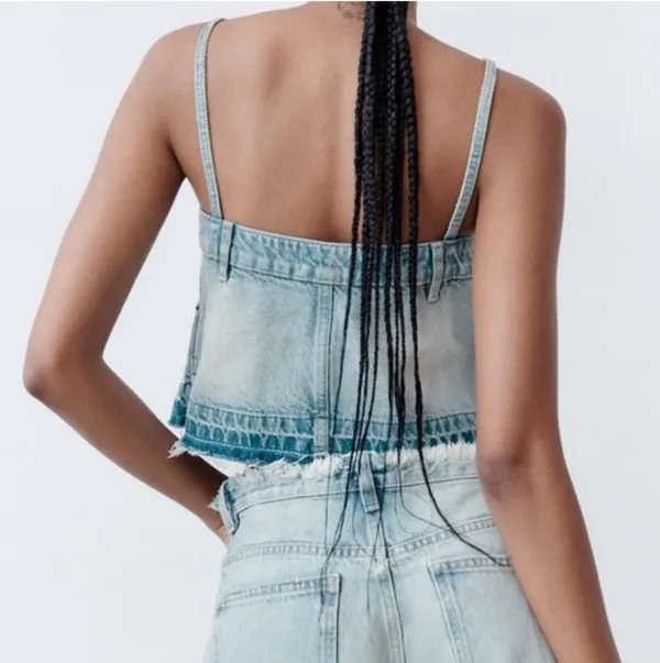 ZARA Blue Wash Denim Jean Cropped Pants Tube Tank Top Spaghetti Strap Distressed - Image 4
