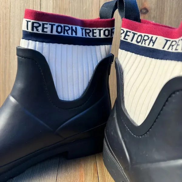 Tretorn Women’s Lia‎ Navy Short Rain Boots with Red White Blue Logo Sock size 7 - Image 3