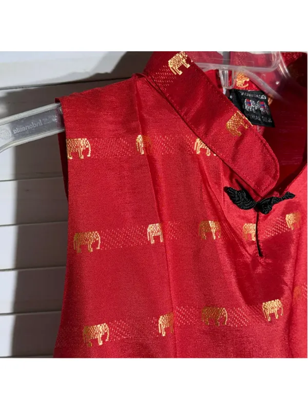 NWOT Thaisilk mod dress red gold elephant sleeveless unique elegant boho costume - Image 7