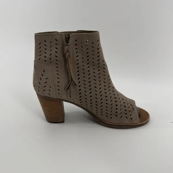 TOMS Majorca Taupe Suede‎ Perforated Peep Toe Booties Womens Heel Shoes - Image 4
