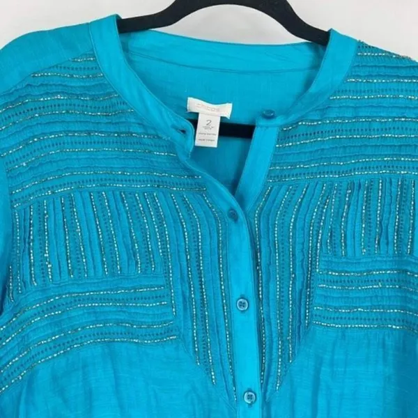 Chico’s Women's Pin Tuck Silver‎ Sequin Roll Tab Sleeves Blouse Turquoise large - Image 4