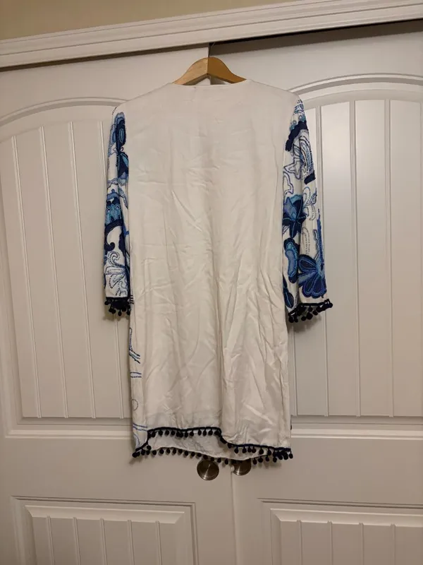 Boston Proper Beaded Dress Small White Blue Paisley Tie Front Rayon Lined Party - Image 3
