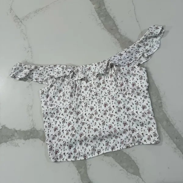 Free People Floral Smocked Ruffle Trim Tank Top Womens Medium WhiteCombo Cottage - Image 5