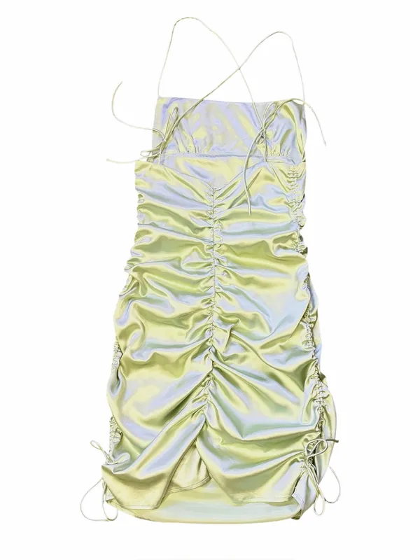 PRINCESS POLLY Chartreuse Satin‎ Tie Shoulder Straps Ruched Mini Dress, Size 4 - Image 7