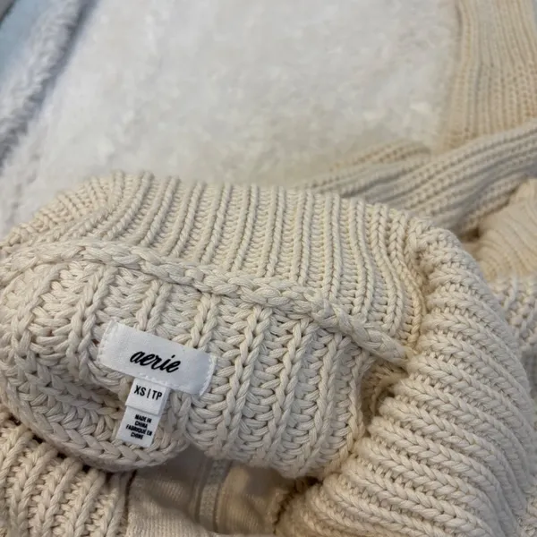 Aerie Womens XS Cream Knit Mock Zip Up Costal Cozy Casual Beachy Summer Cotton - Image 6