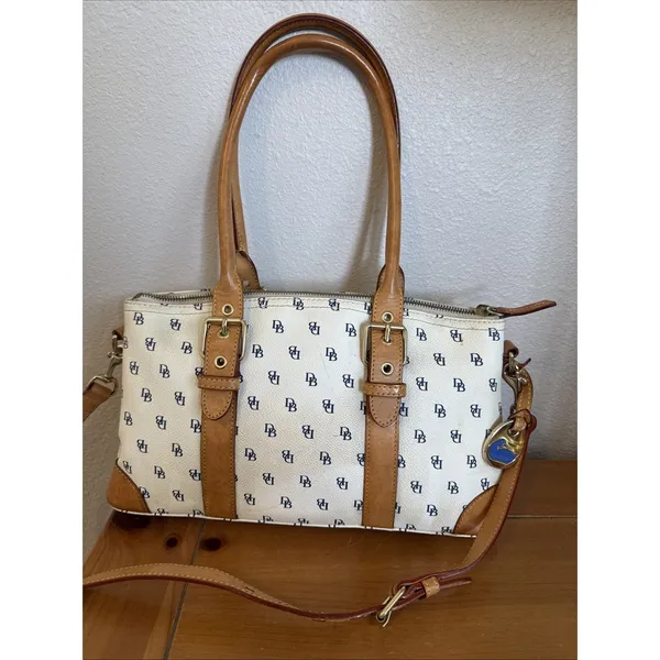 Vintage Dooney Bourke Signature Monogram Y2K 2000 White & Blue Satchel GUC - Image 2
