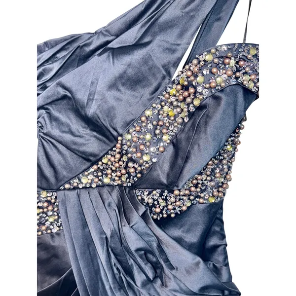NWT Mandalay Navy Blue One Shoulder Beaded Sequin Evening Gown Dress Size 14 - Image 4
